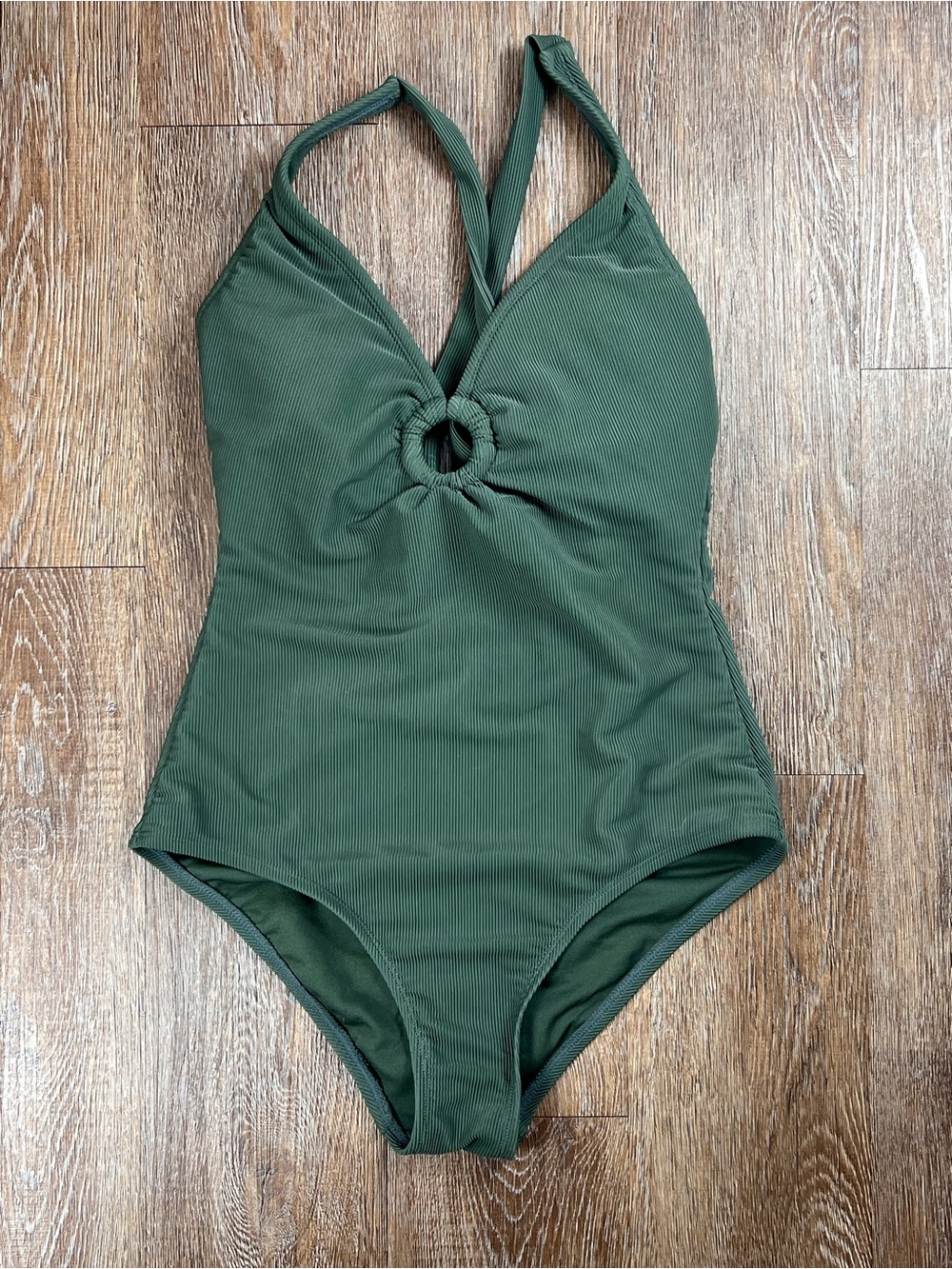 Shade & Shore Ribbed Halter One Piece Swimsuit Plunge O-Ring Olive Green | M